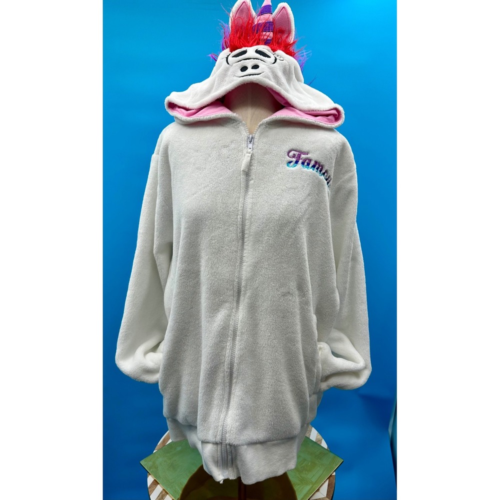 Disney Parks Famous‎ Unicorn White Fleece Zip Hoodie XXL Rainbow Mane Whimsical